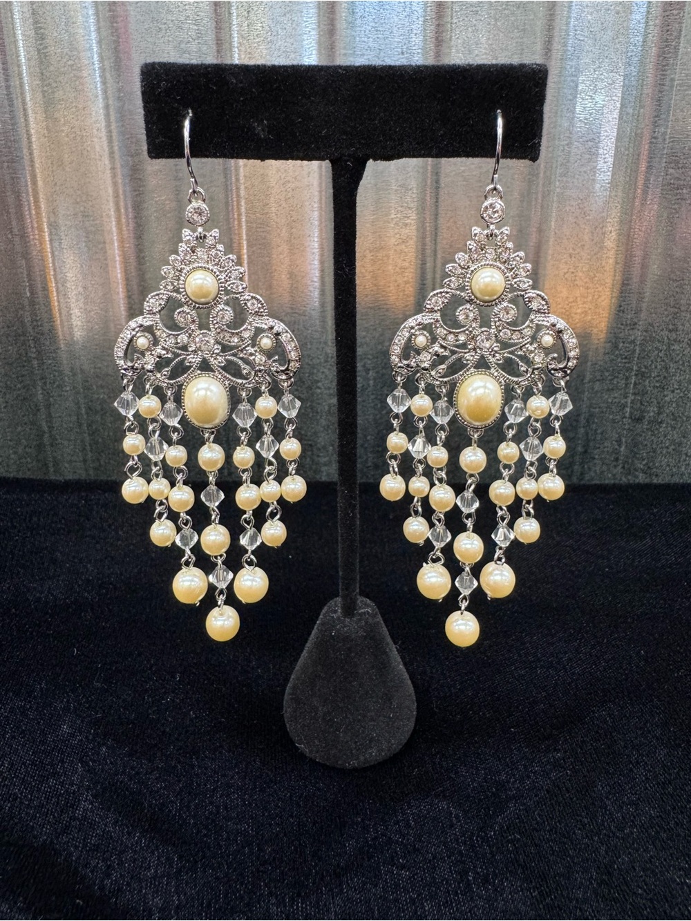 Monet Elegant Silver Filigree Faux Cream Pearl Chandelier Earrings Bridal